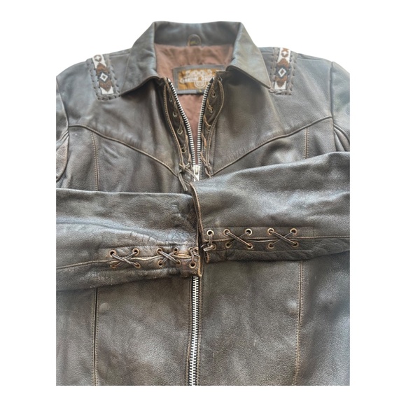 Vtg. Men's Leather Gallery Western Native Boho Lace-up Jacket Brown Beaded Rare - Picture 5 of 15